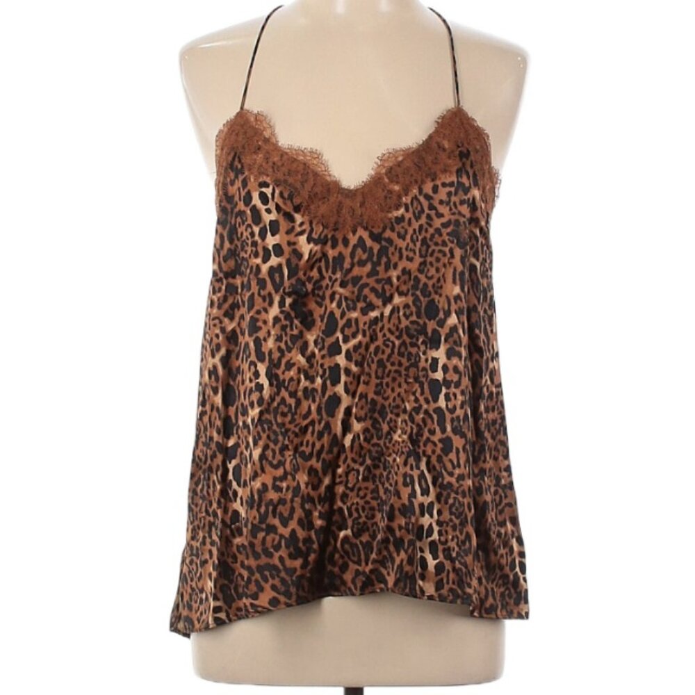 Cami NYC Leopard Print Racerback Lace Trim Silk Camisole